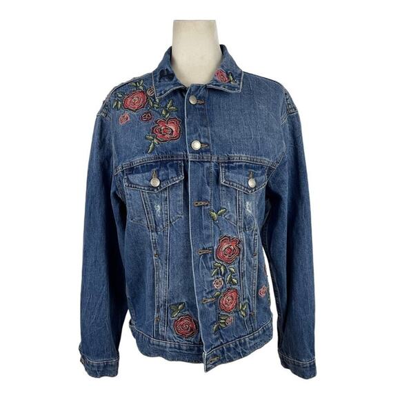 Zara Denim Embroidered Love Roses Oversized Jeans Denimwear Jacket Size Small - Picture 2 of 16